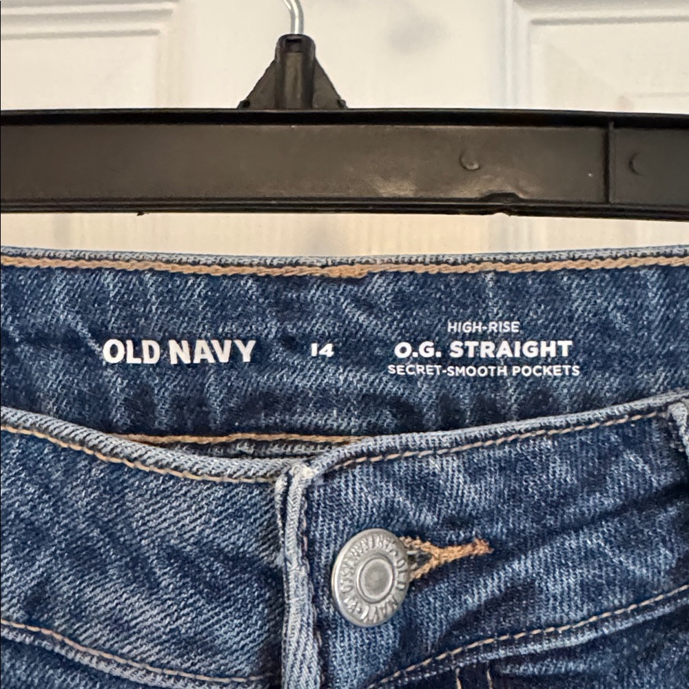 Old Navy Distressed High Rise O.G. Straight Secret Smooth Pockets in Dark Blue - Picture 4 of 11